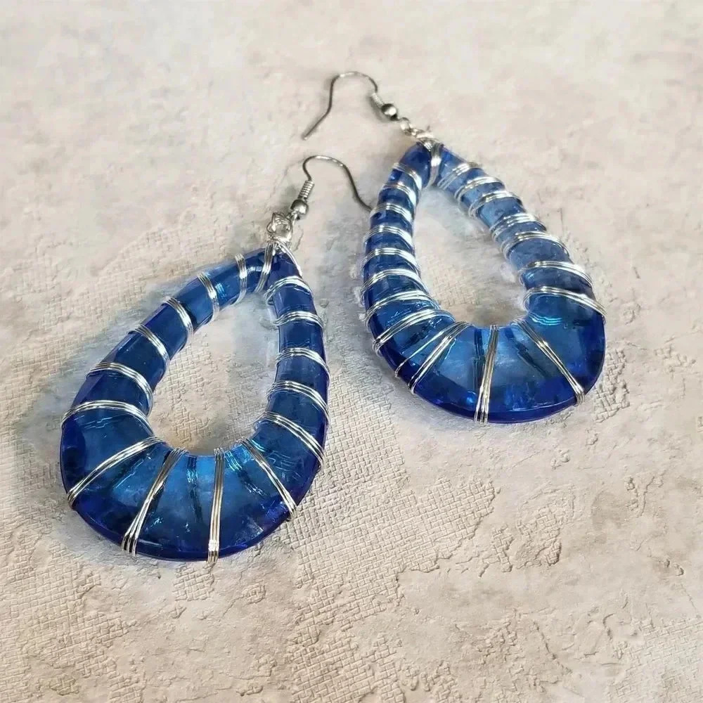 Handcrafted Retro 80s Statement Blue Lucite Open Teardrop Wire Wrapped Earrings